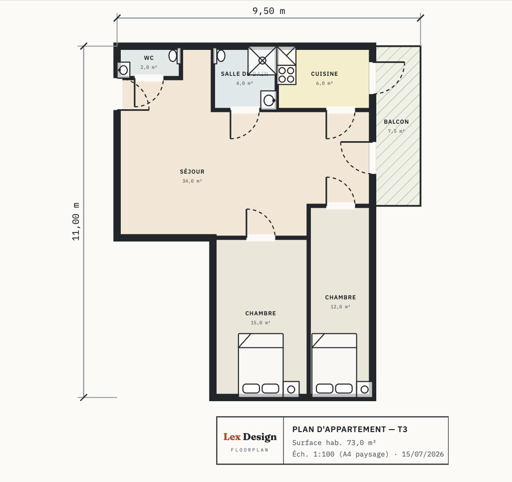 Plan d'appartement T3 généré par Lex Design : séjour, cuisine, deux chambres, salle de bain, WC et balcon, coté et meublé